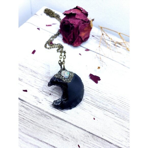 Obsidian and opal moon pyrite encrusted Necklace - Picture 3 of 10